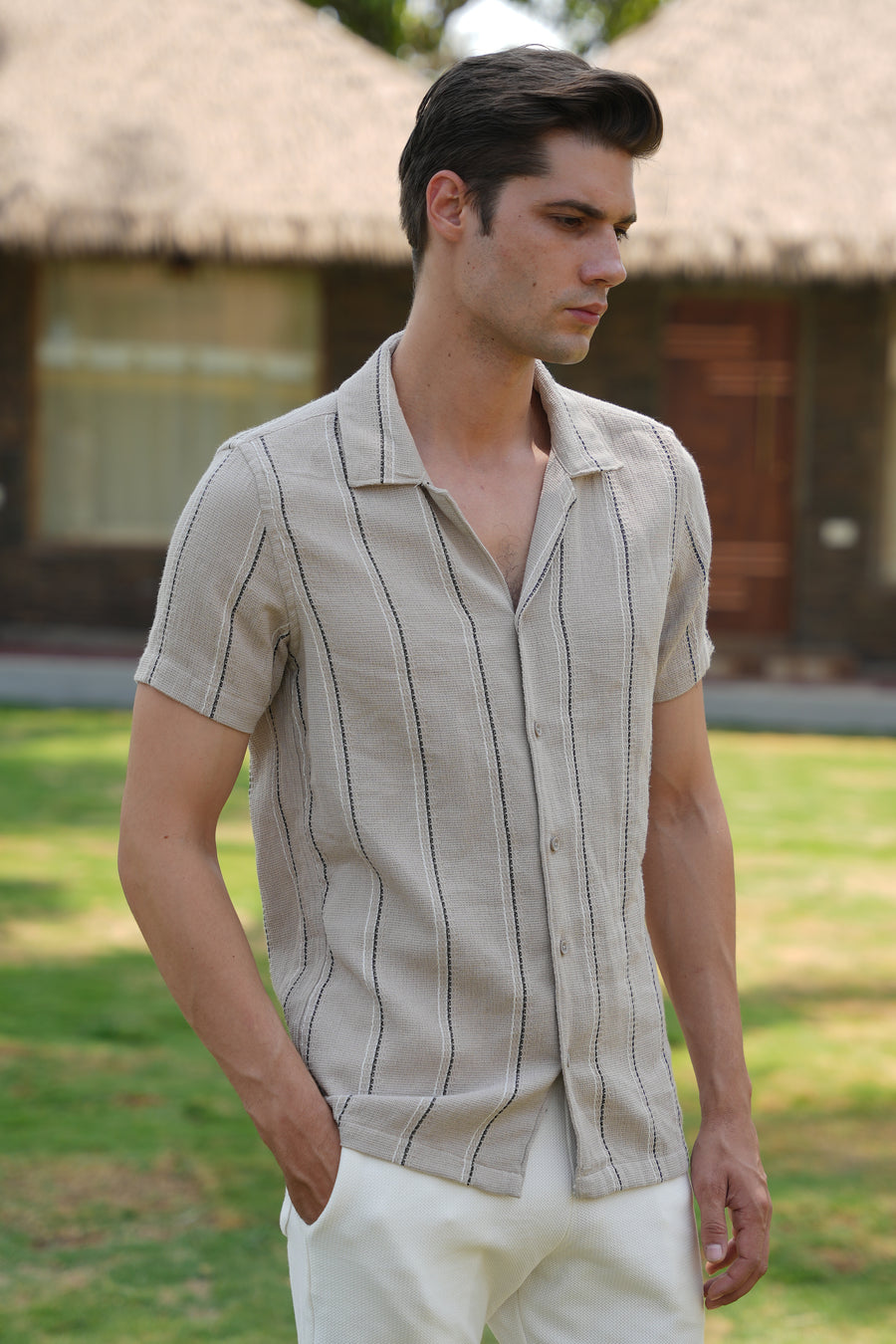 Mansion - Structured Striped Shirt - Khaki