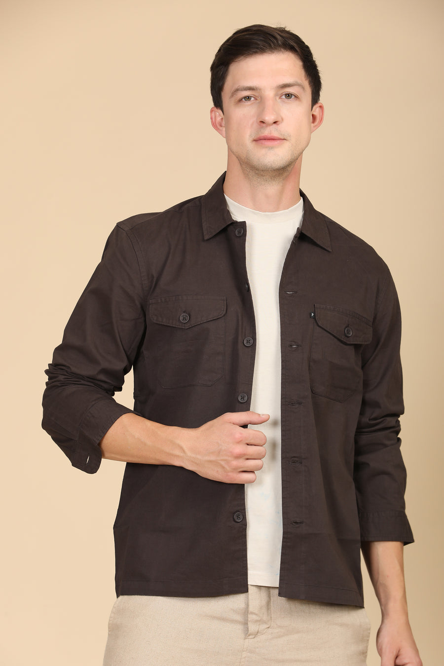 Harmani - Soft Cotton Solid Overshirt - Brown