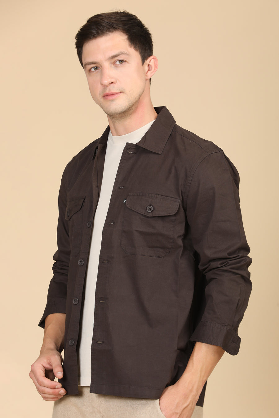 Harmani - Soft Cotton Solid Overshirt - Brown