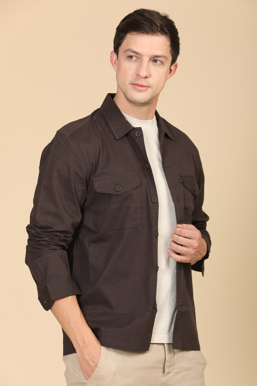 Harmani - Soft Cotton Solid Overshirt - Brown