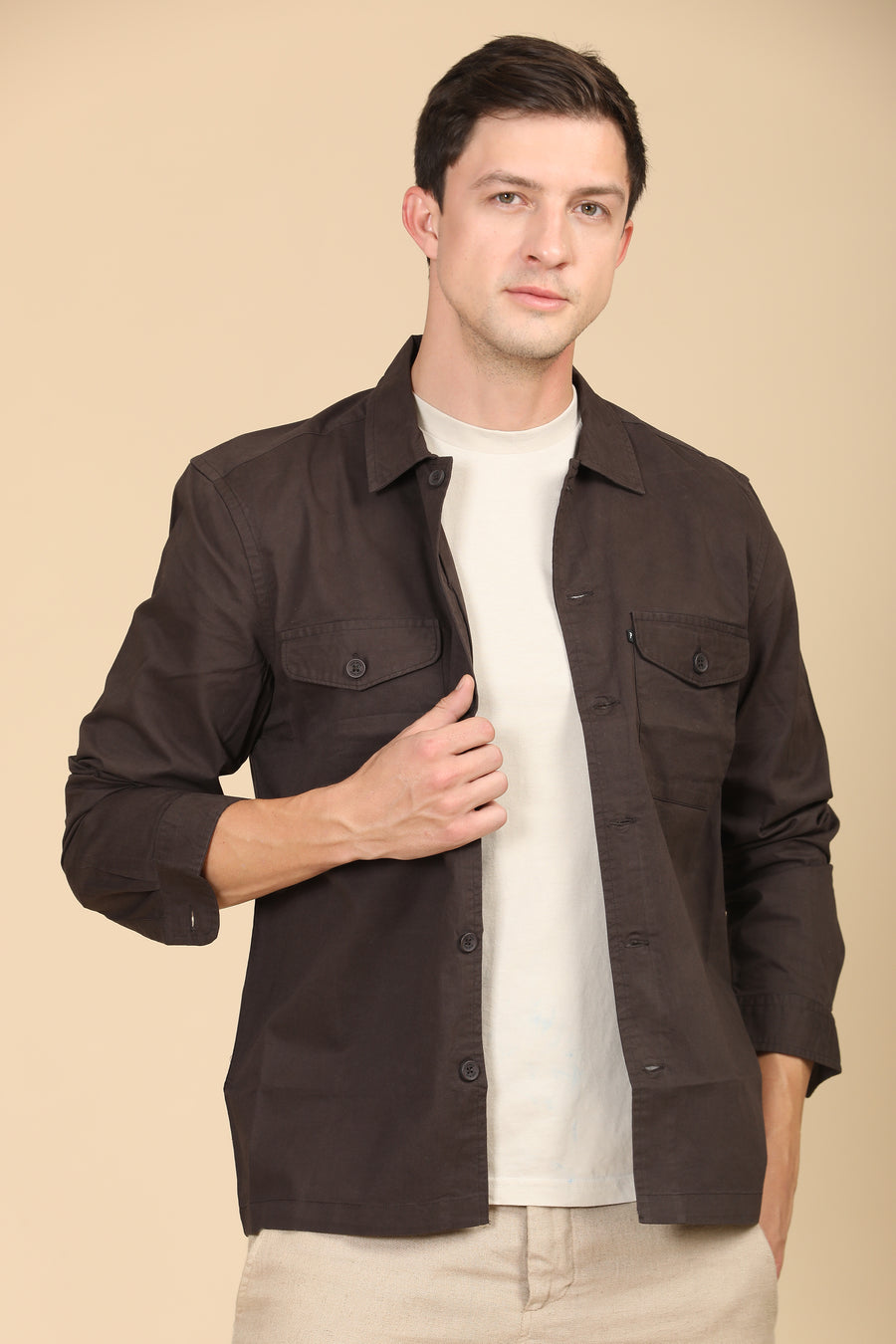 Harmani - Soft Cotton Solid Overshirt - Brown