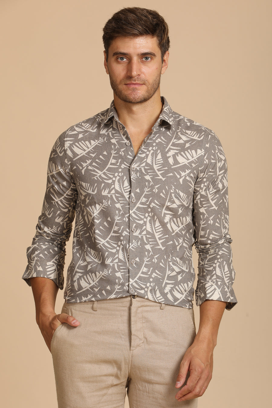 Dennis - Cotton Linen Printed Shirt - Khaki