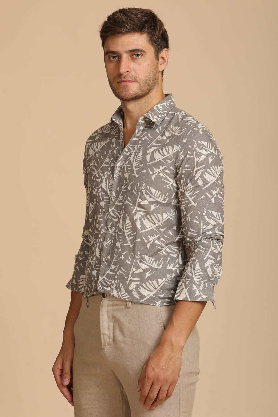 Dennis - Cotton Linen Printed Shirt - Khaki