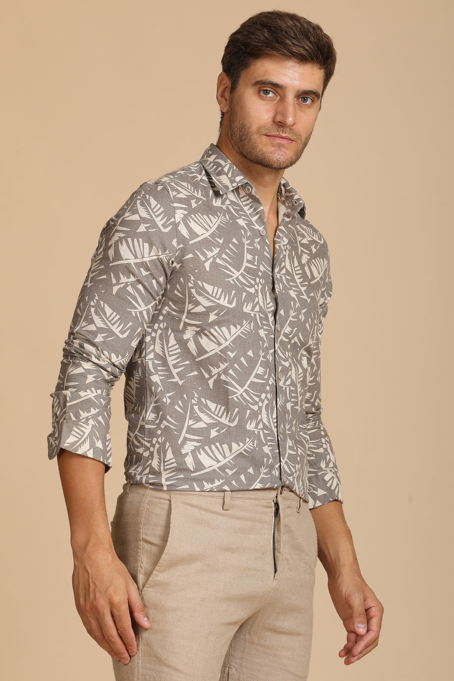 Dennis - Cotton Linen Printed Shirt - Khaki