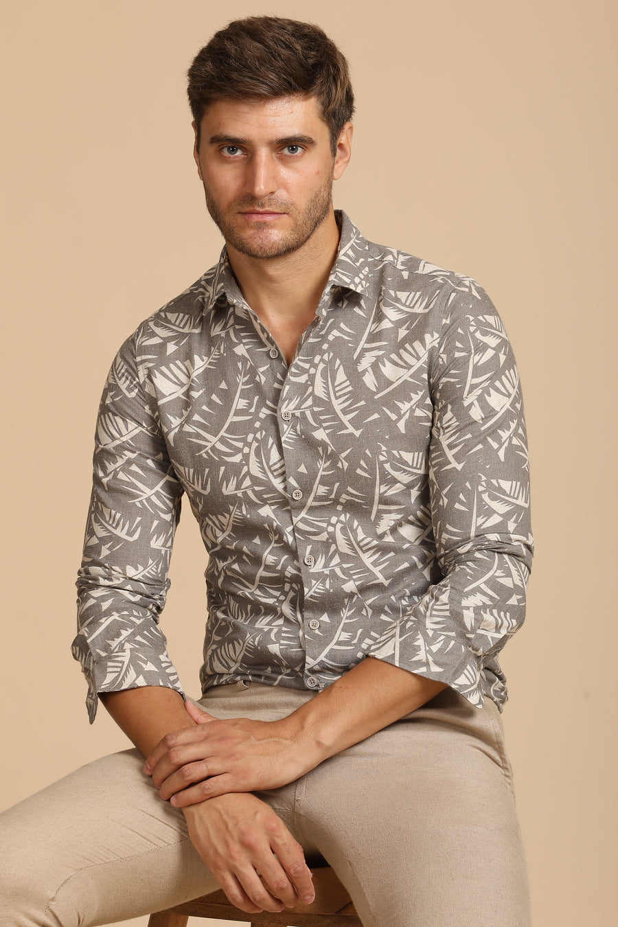 Dennis - Cotton Linen Printed Shirt - Khaki