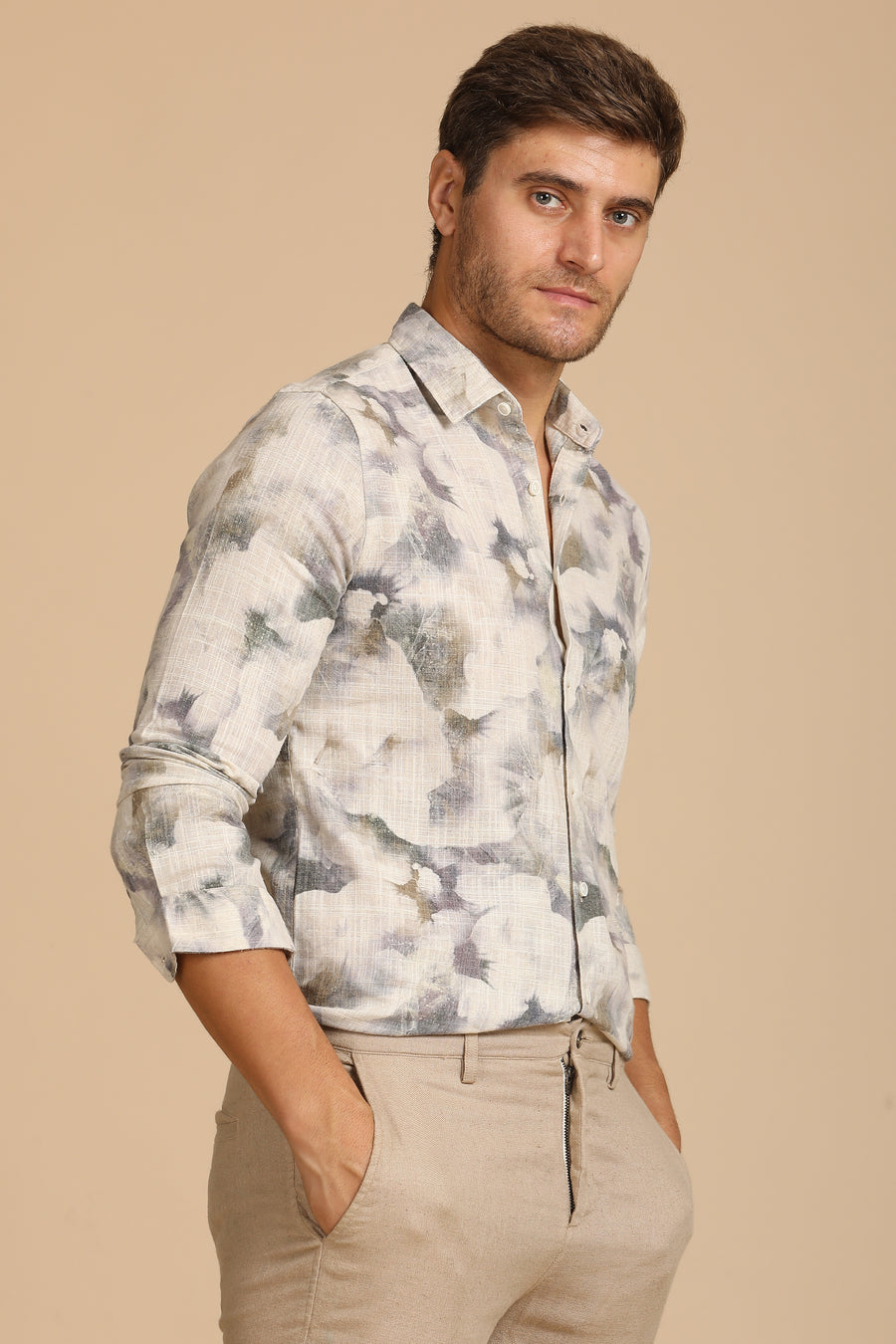 Nelson - Cotton Linen Printed Shirt - Lt Green