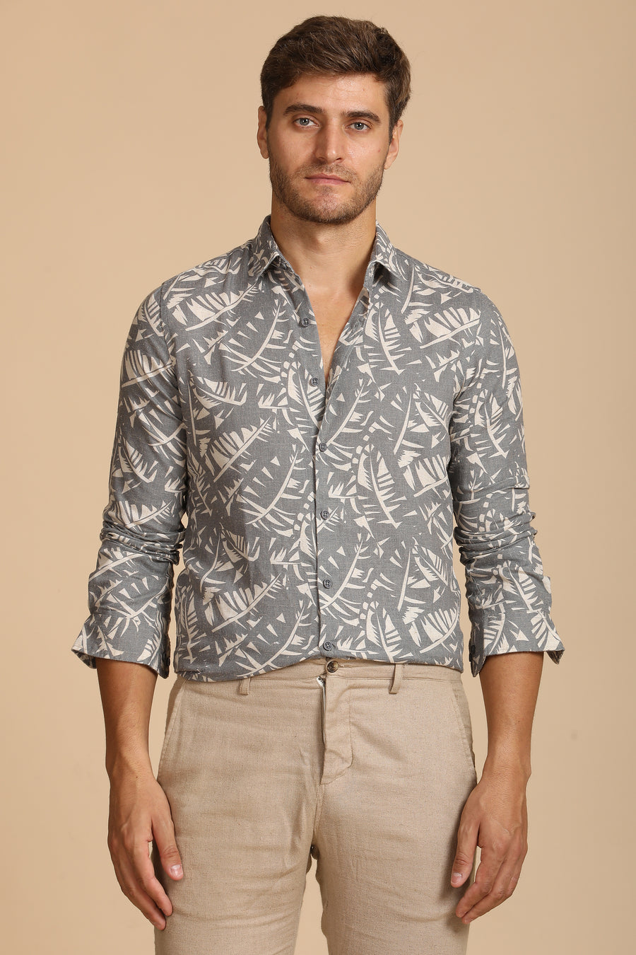 Dennis - Cotton Linen Printed Shirt - Grey