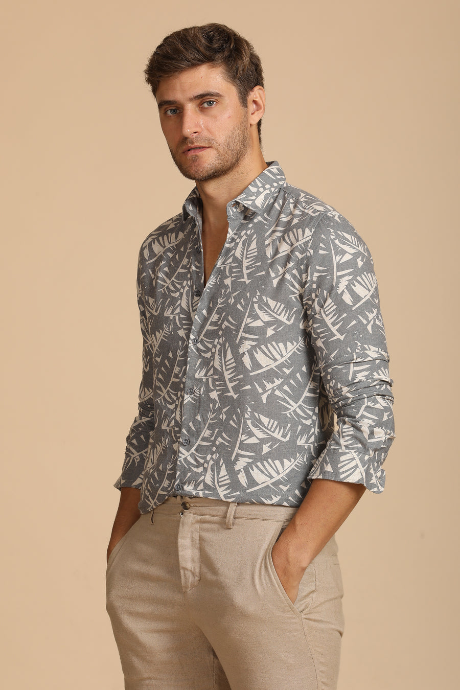 Dennis - Cotton Linen Printed Shirt - Grey