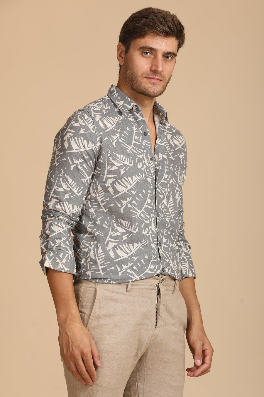 Dennis - Cotton Linen Printed Shirt - Grey