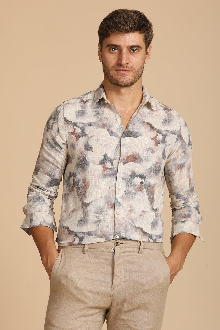 Nelson - Cotton Linen Printed Shirt - Brick