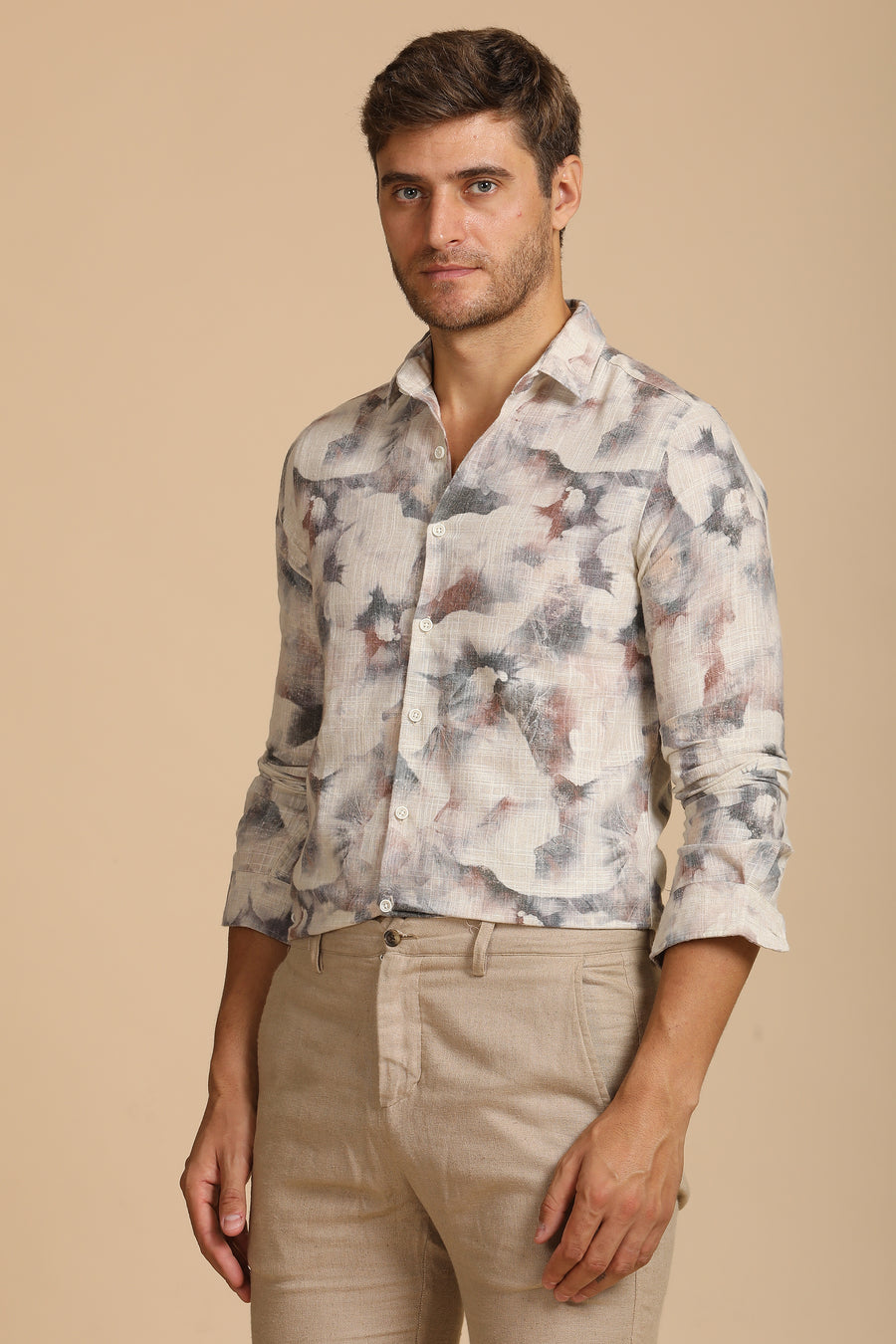 Nelson - Cotton Linen Printed Shirt - Brick