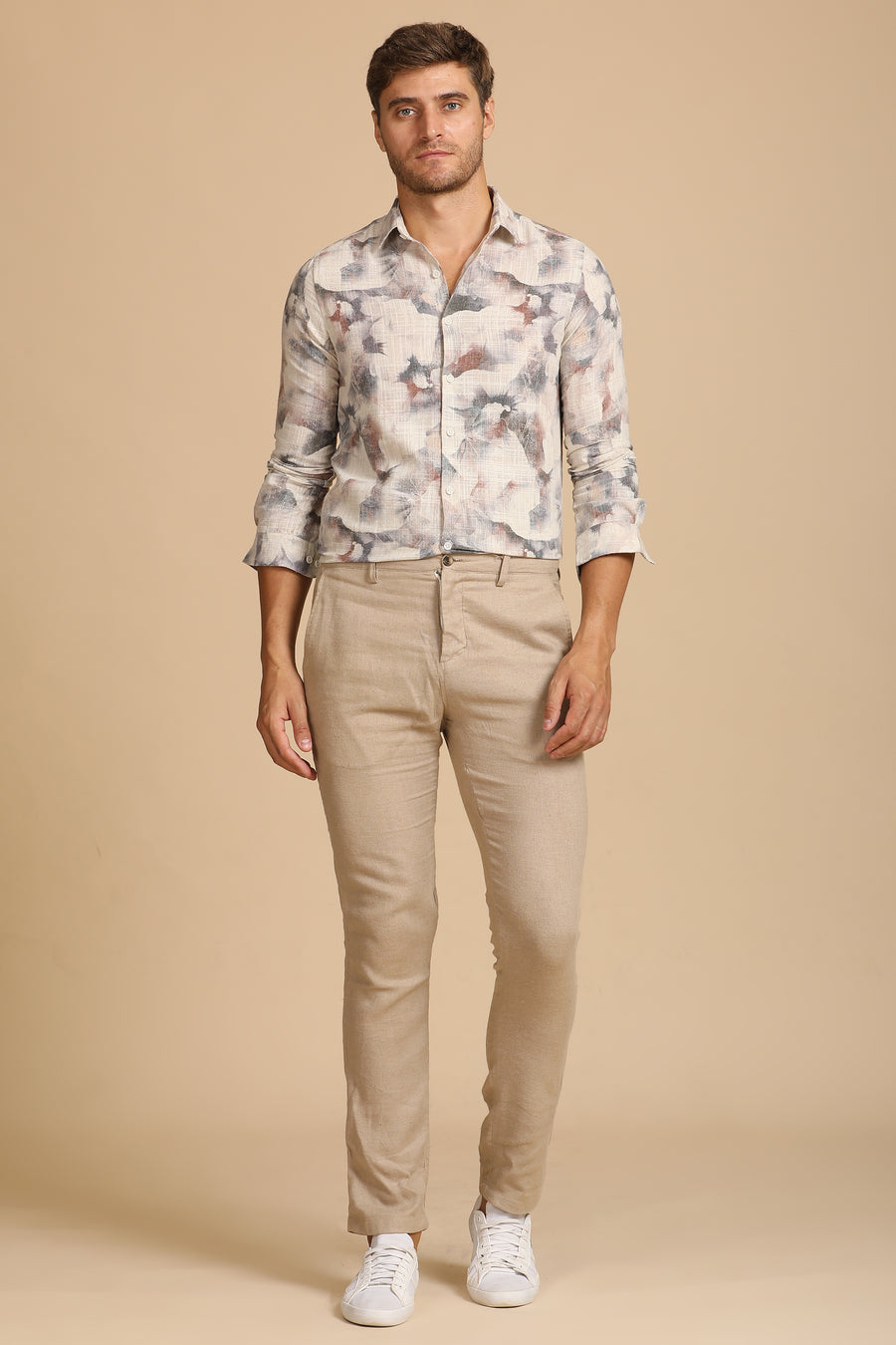 Nelson - Cotton Linen Printed Shirt - Brick