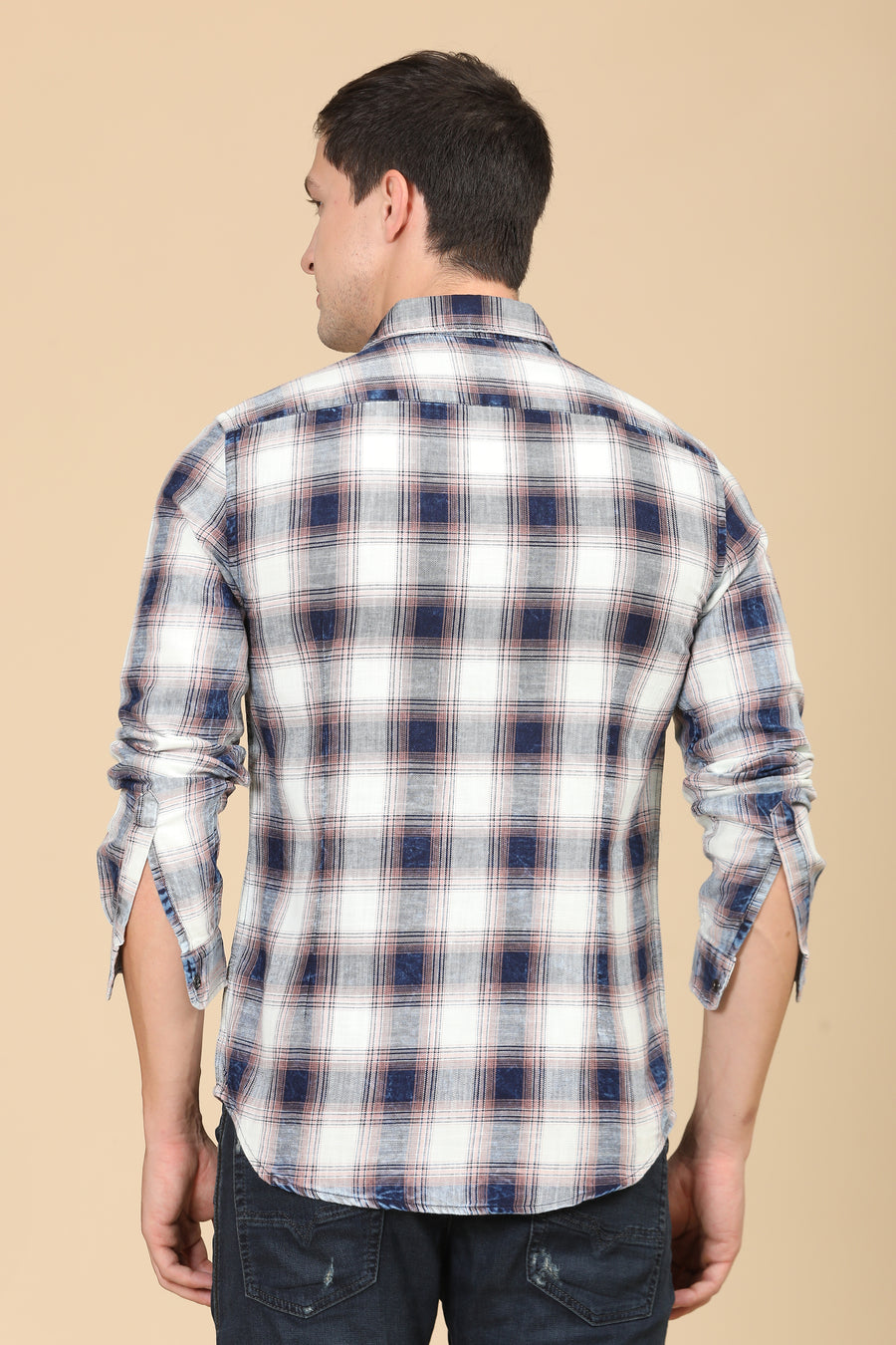 Francis - Washed Down Indigo Check Shirt - Peach