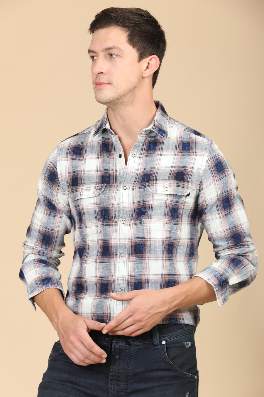 Francis - Washed Down Indigo Check Shirt - Peach