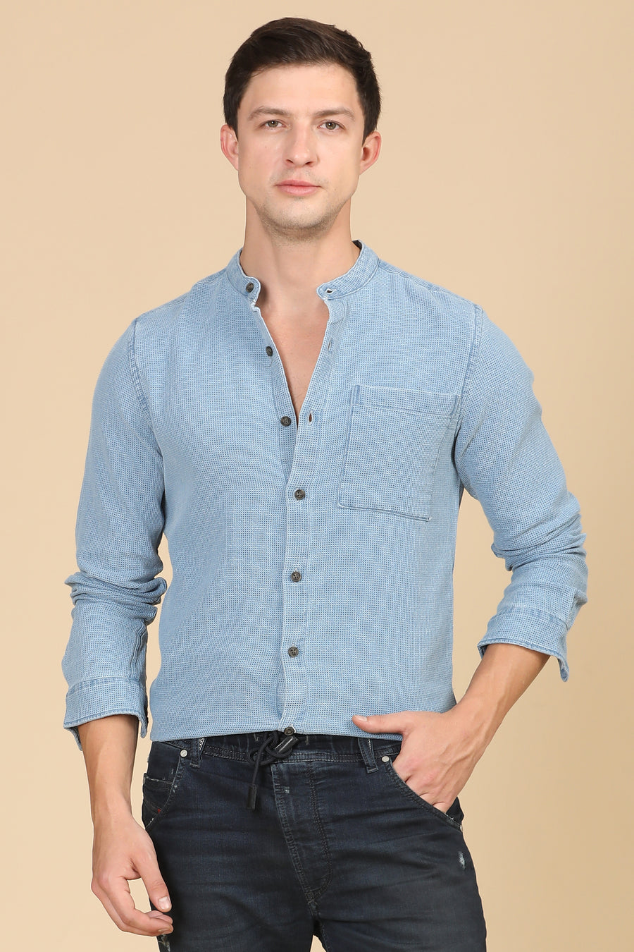 Alivia - Indigo Waffle Dobby Shirt - Lt Blue