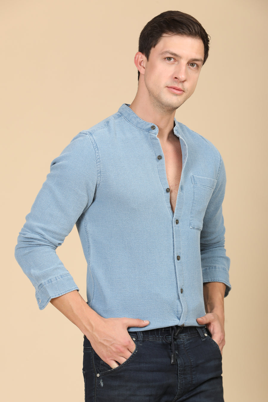 Alivia - Indigo Waffle Dobby Shirt - Lt Blue