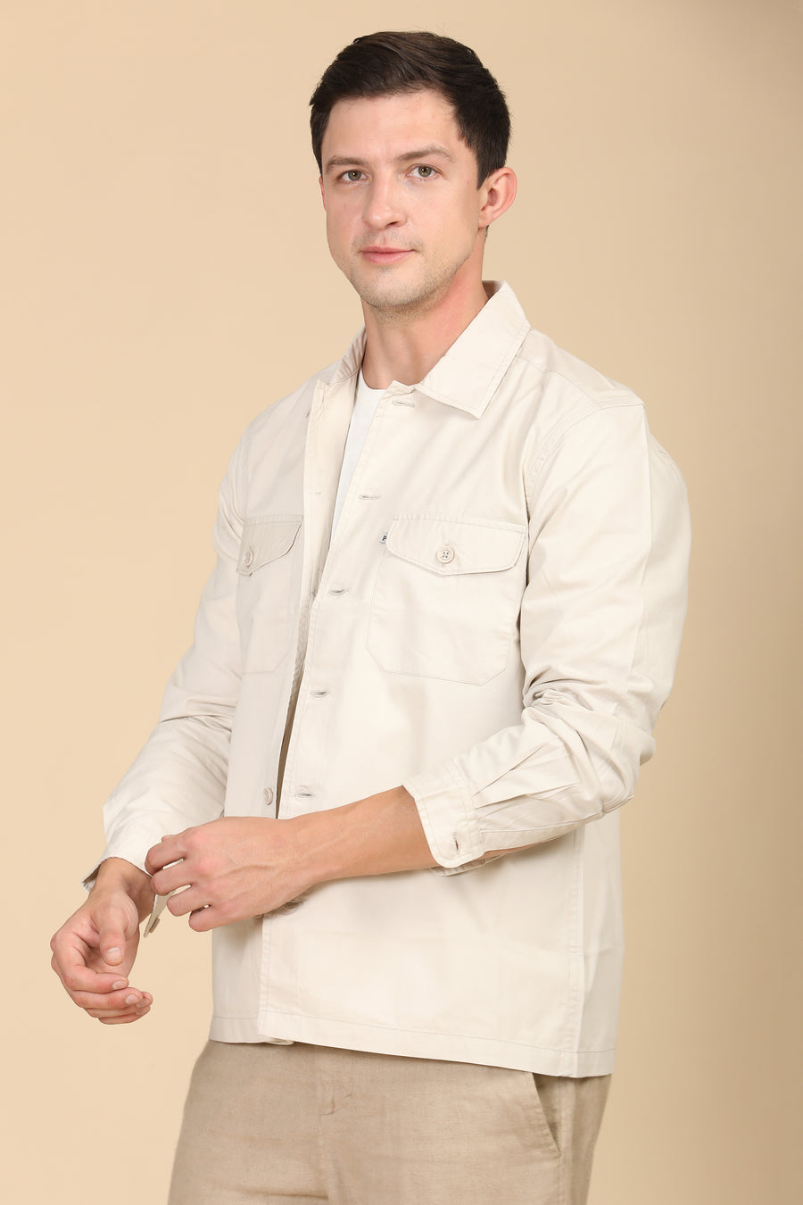 Harmani - Soft Cotton Solid Overshirt - Cream