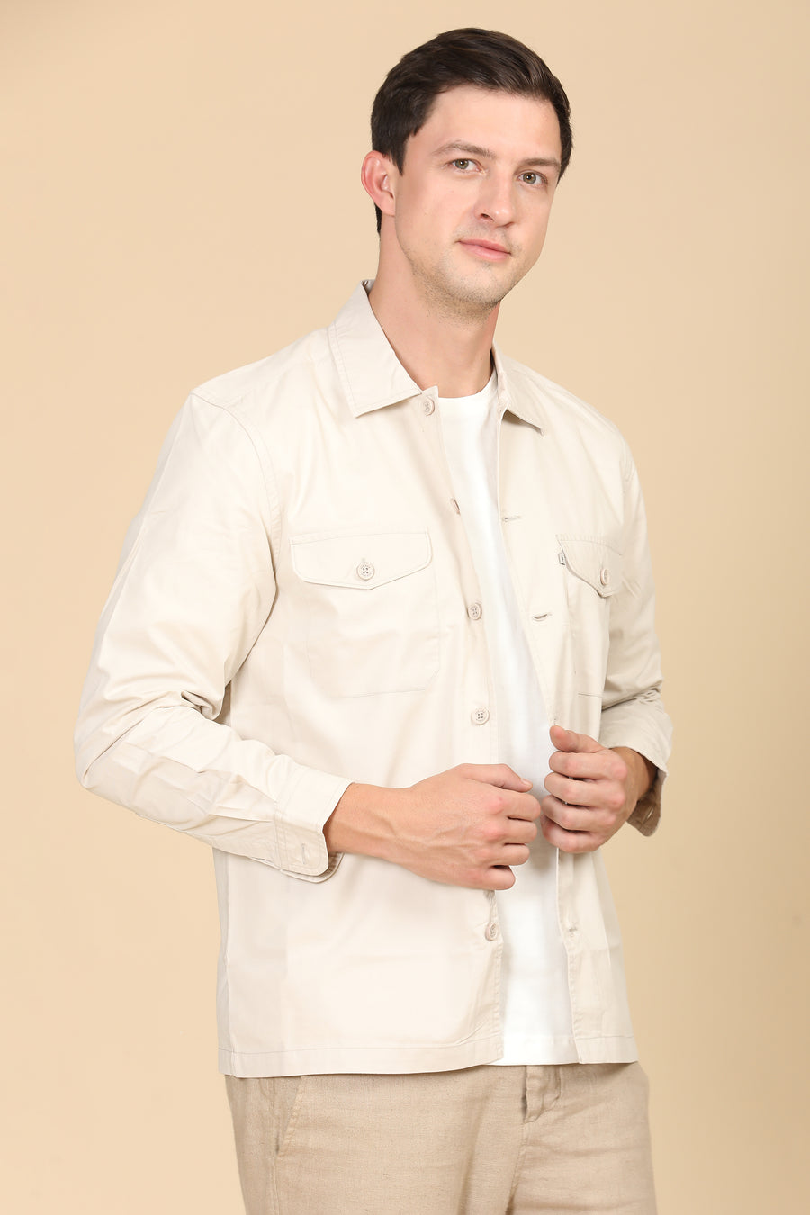 Harmani - Soft Cotton Solid Overshirt - Cream