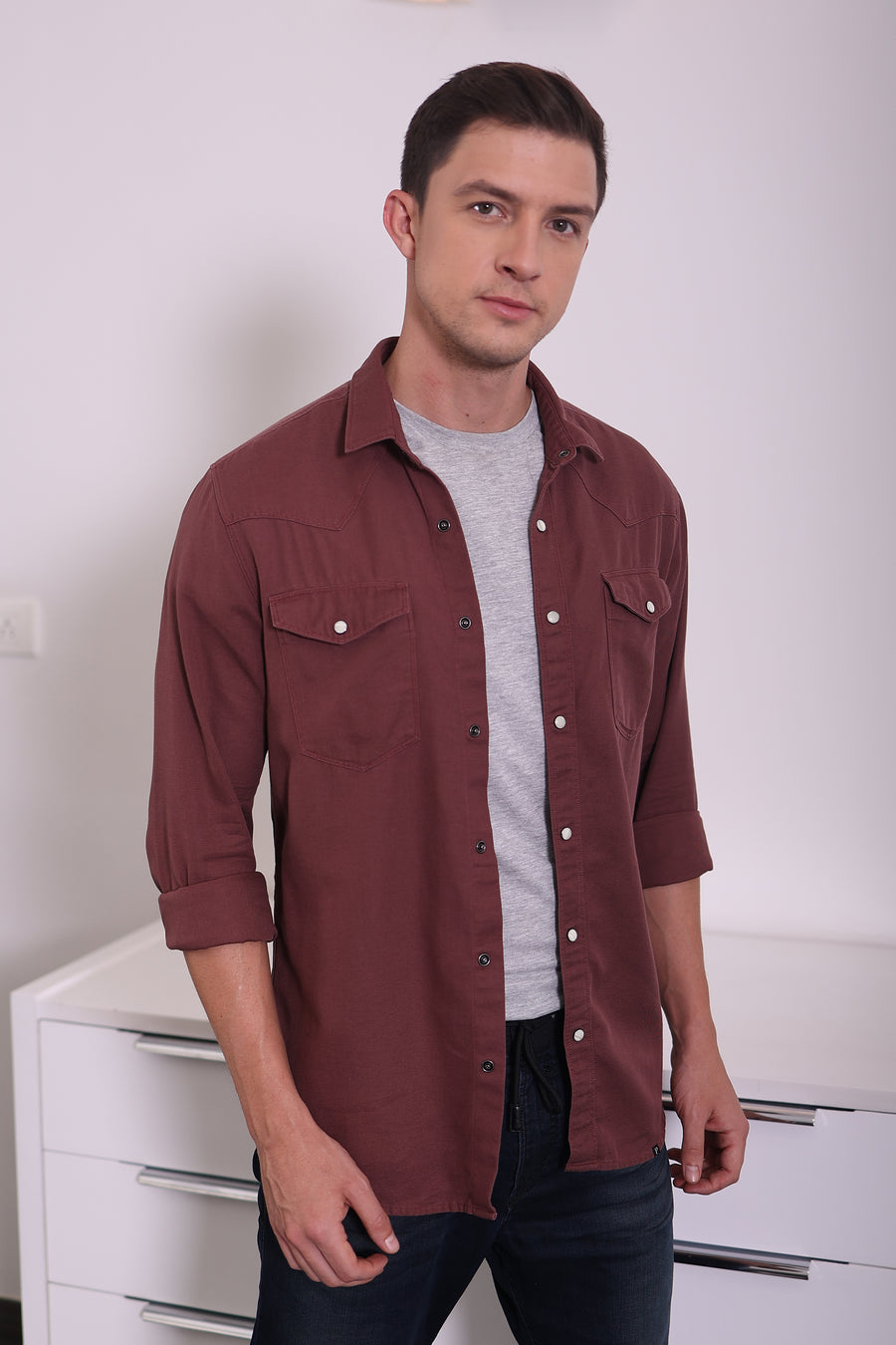 Trewen - Double Pocket Shirt With Snap Button - Rust
