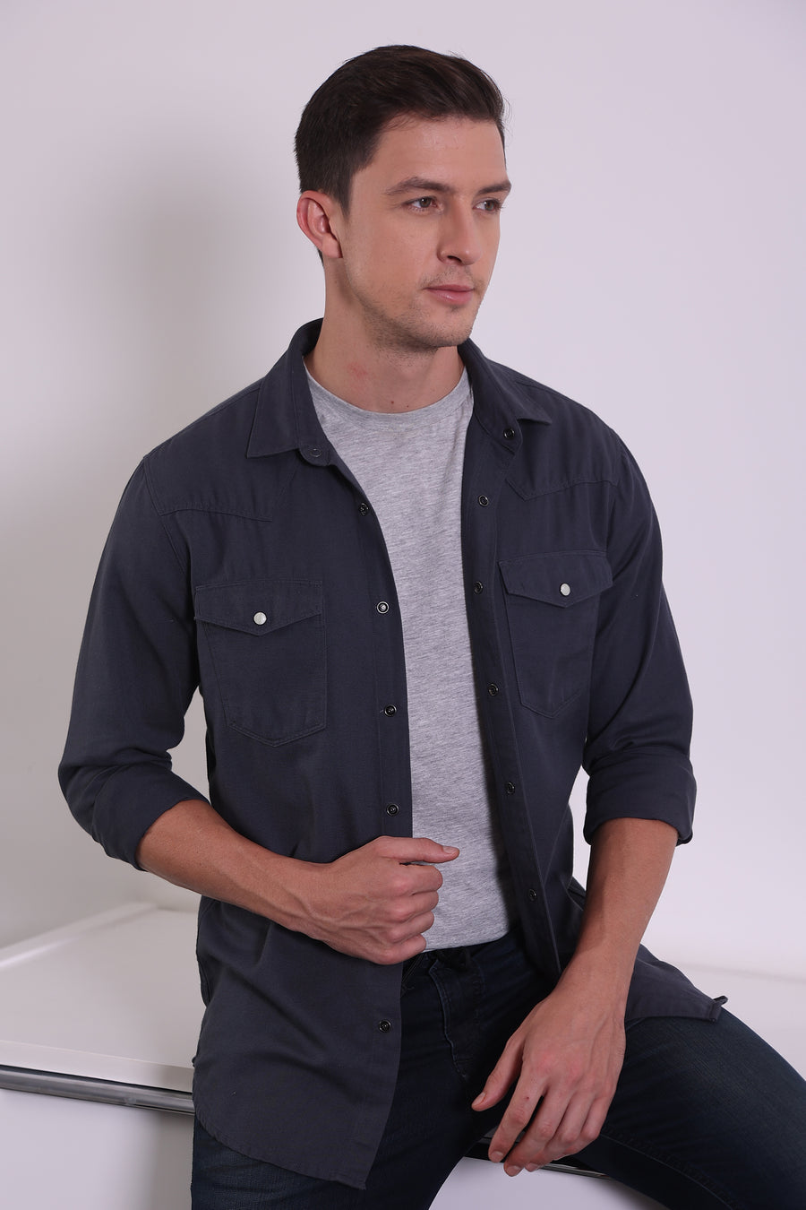 Trewen - Double Pocket Shirt With Snap Button - Grey