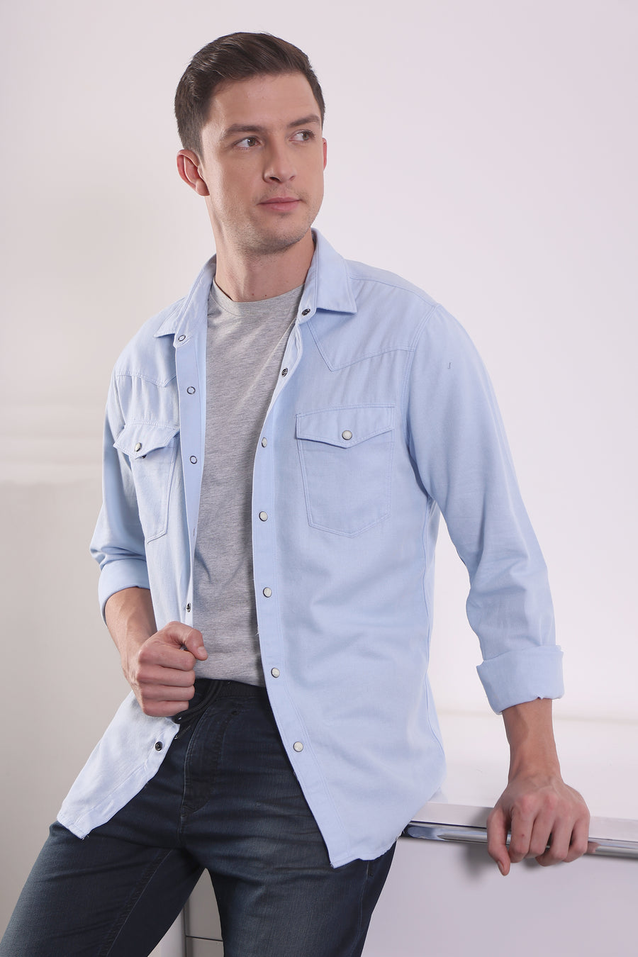 Trewen - Double Pocket Shirt With Snap Button - Sky