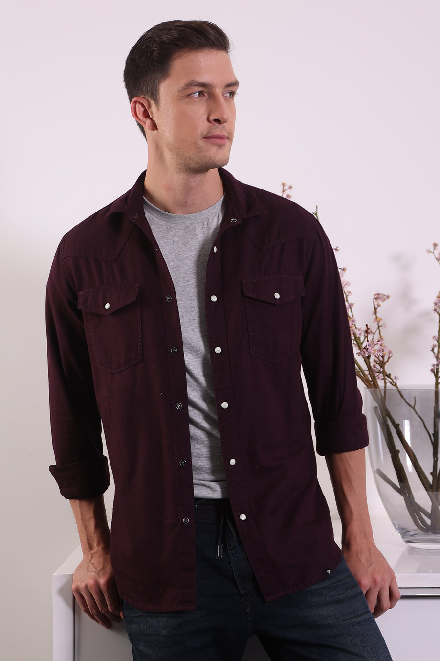 Trewen - Double Pocket Shirt With Snap Button - Maroon