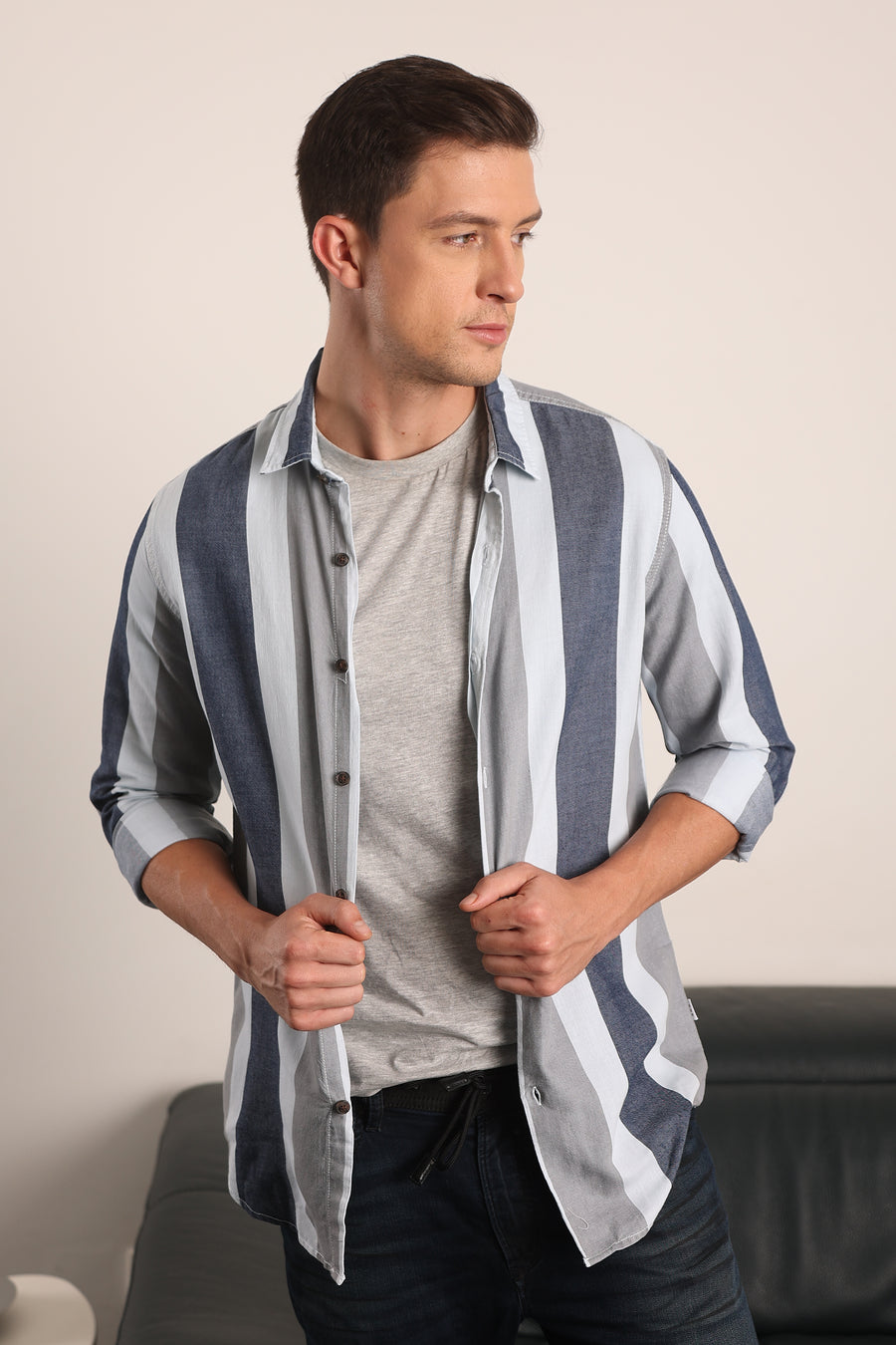 Qoom - Indigo Striped Shirt - Grey