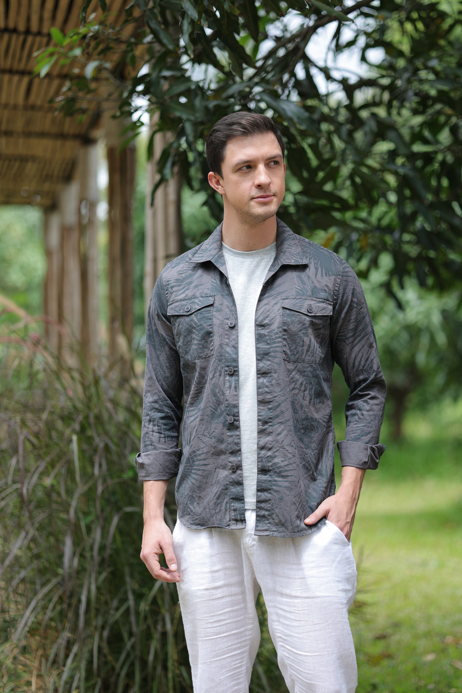 Staple - Leaf Print Overshirt With Double Pocket Flap - Grey