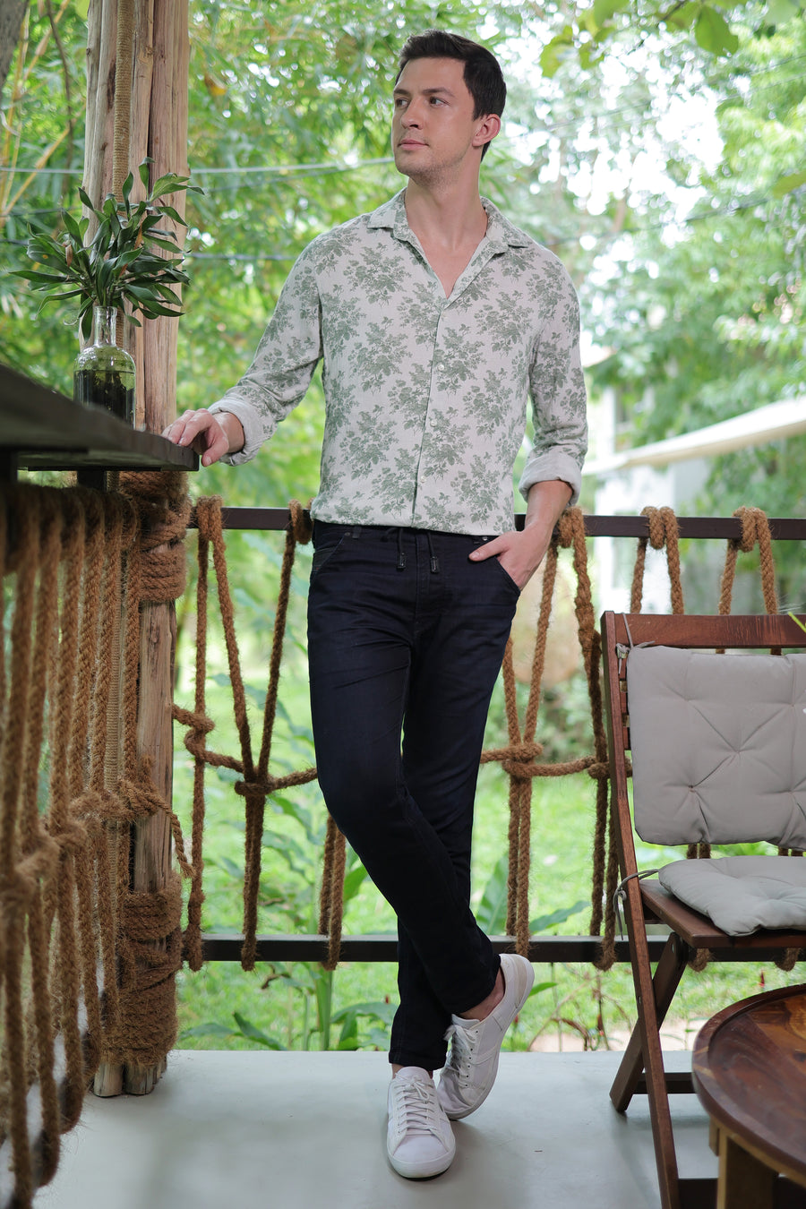 Desire - Viscose Linen Floral Print Shirt - Green
