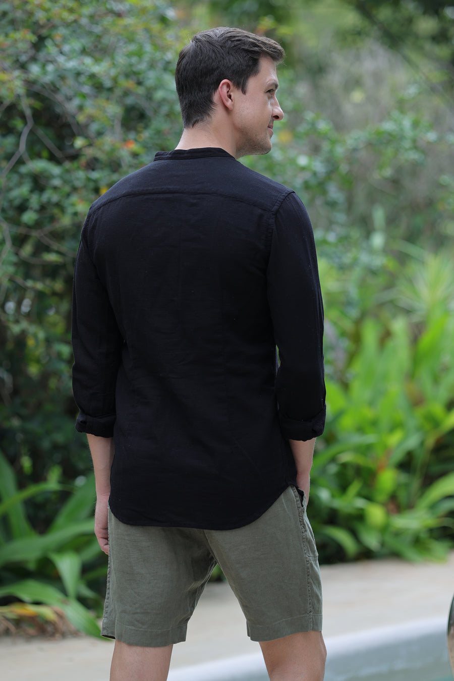 Kara - Textured Shirt With Mao Collar - Black