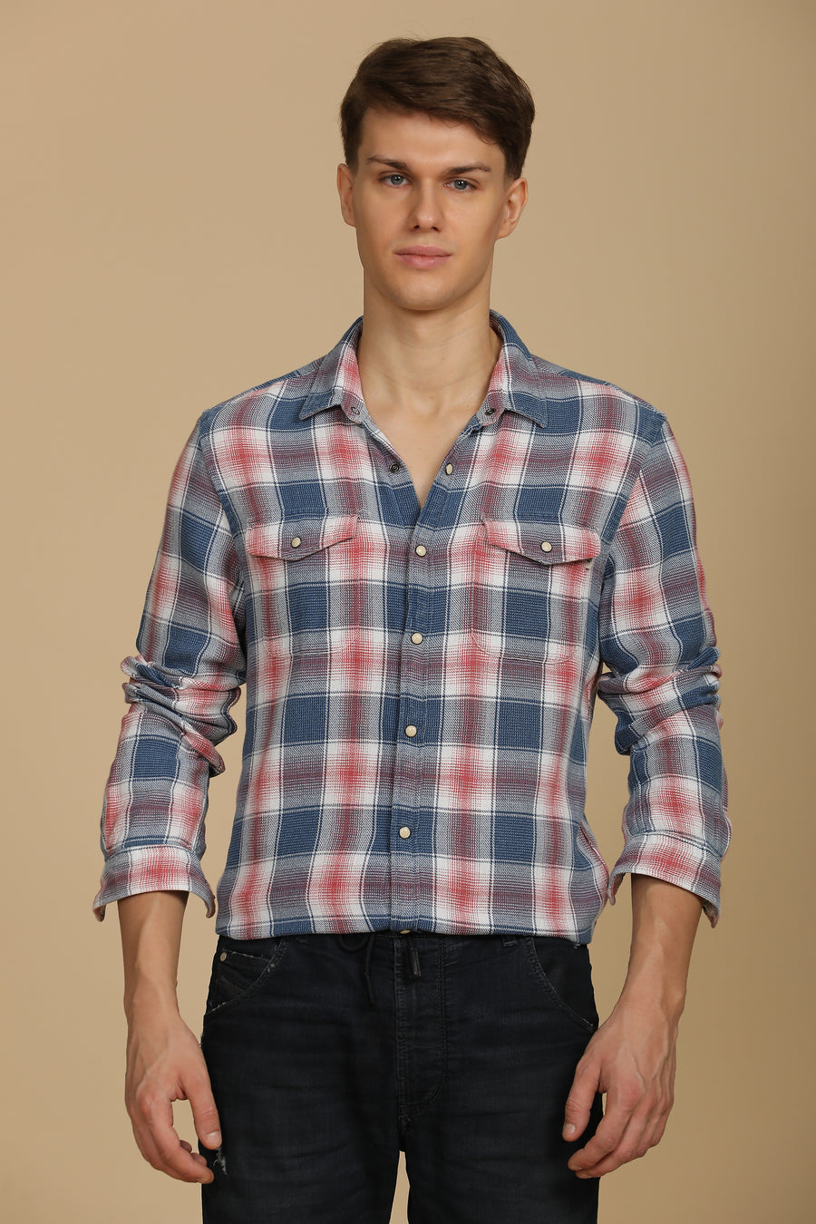 Hallie - Indigo Check Shirt - Maroon