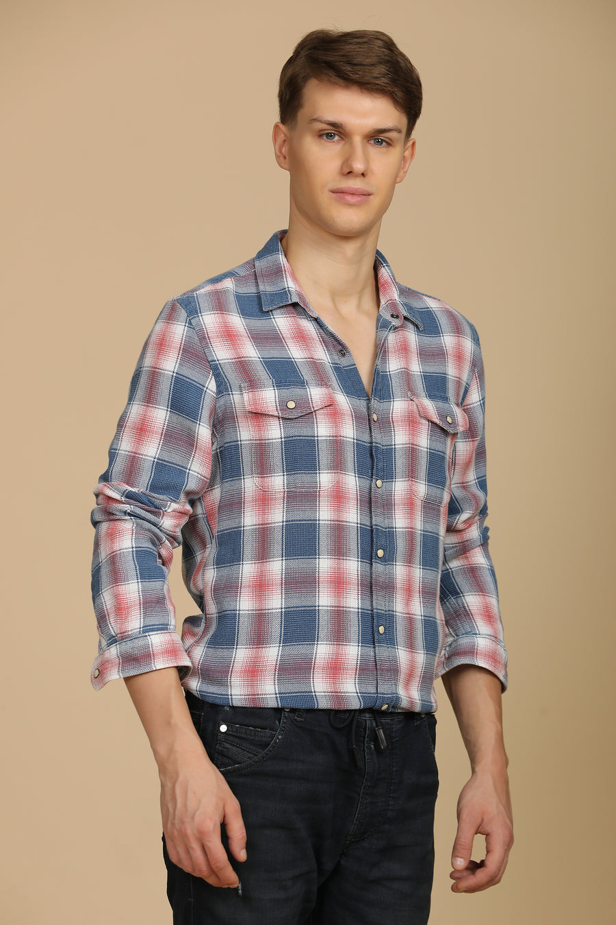 Hallie - Indigo Check Shirt - Maroon