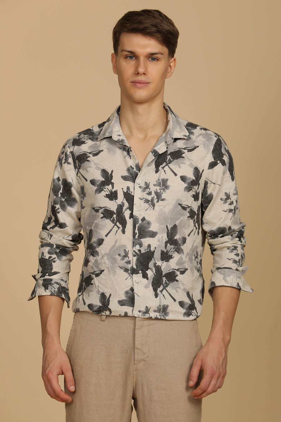 Roy - Cotton Linen Printed Shirt - Dk Grey