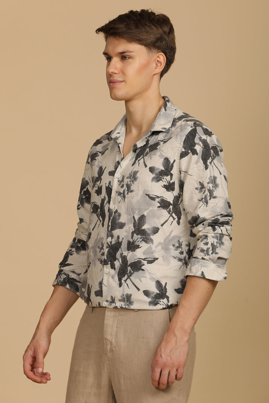 Roy - Cotton Linen Printed Shirt - Dk Grey