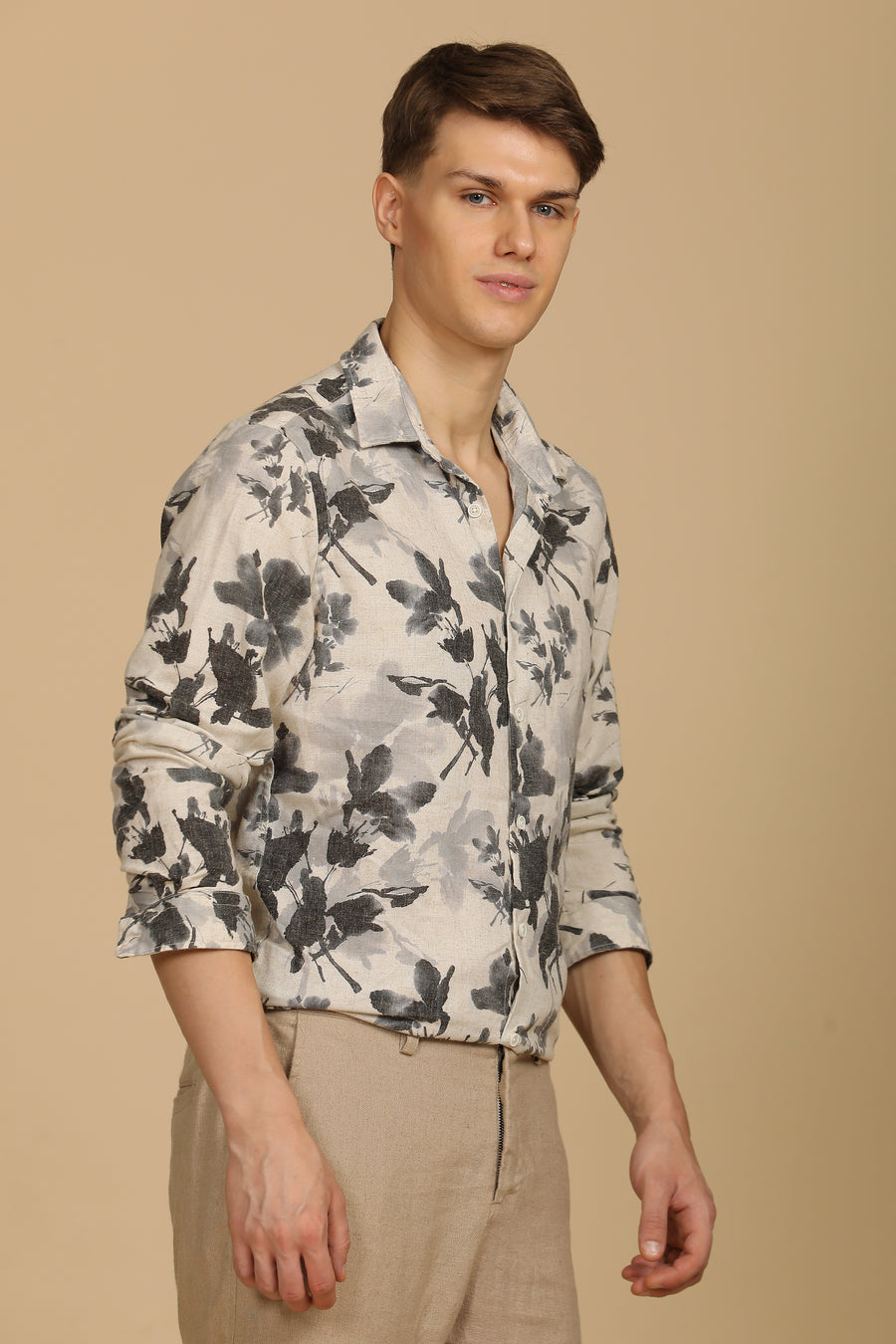 Roy - Cotton Linen Printed Shirt - Dk Grey