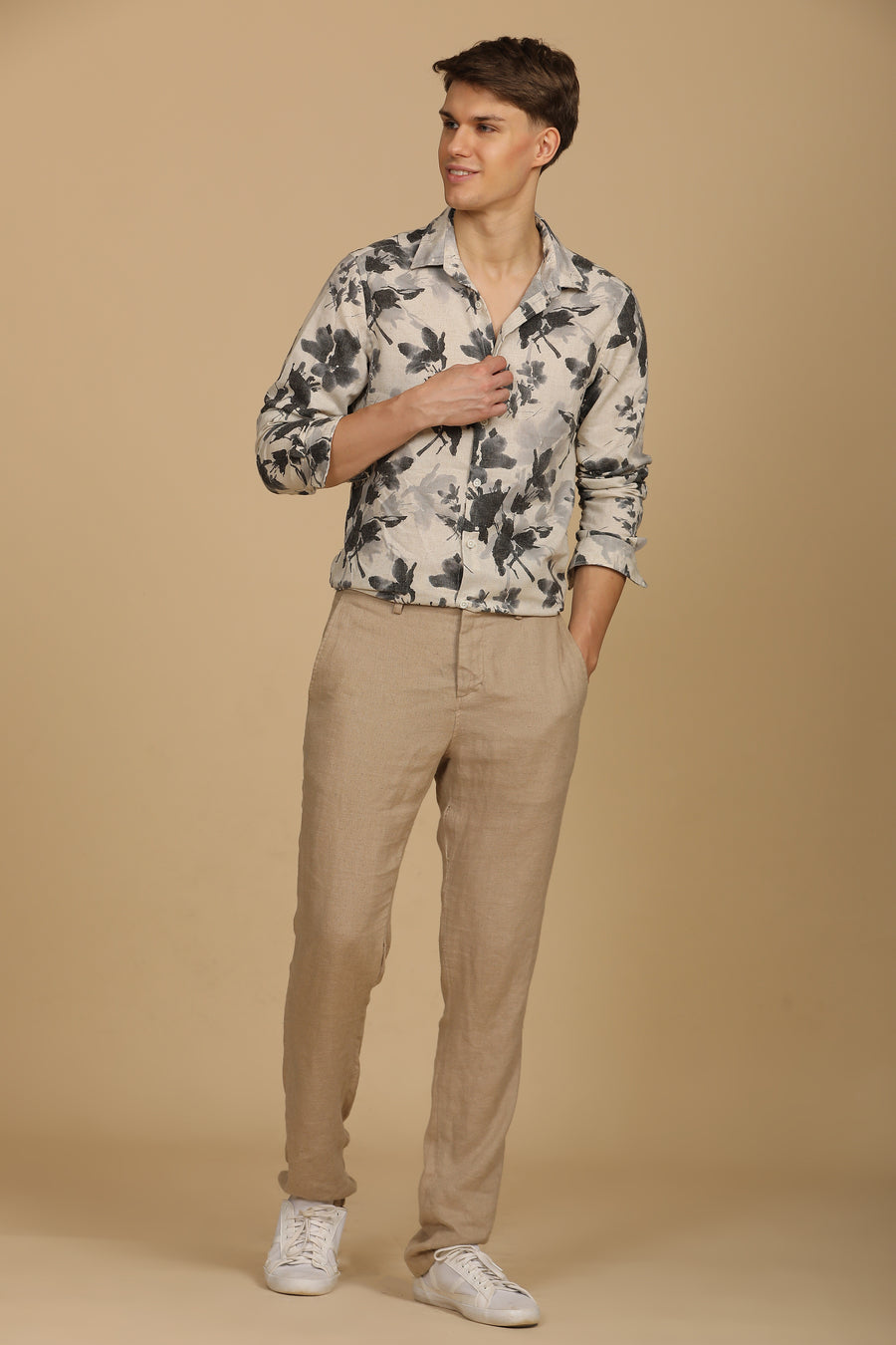 Roy - Cotton Linen Printed Shirt - Dk Grey