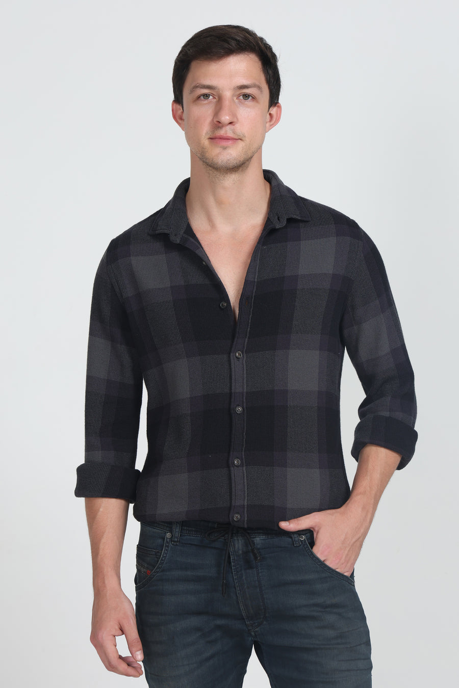 Holler - Waffle Dobby Check Shirt - Grey