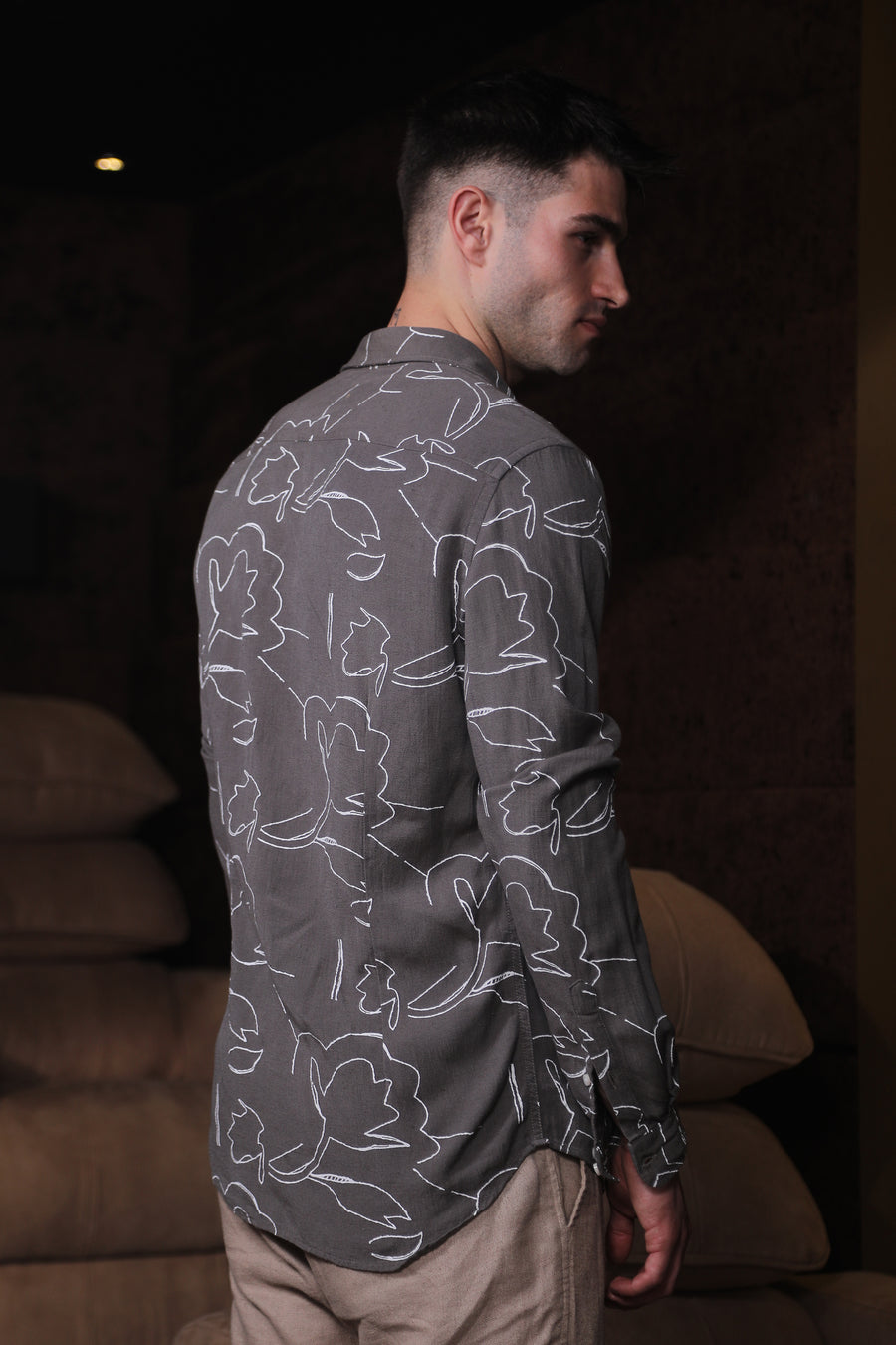 Delta - Viscose Linen Printed Shirt - Grey
