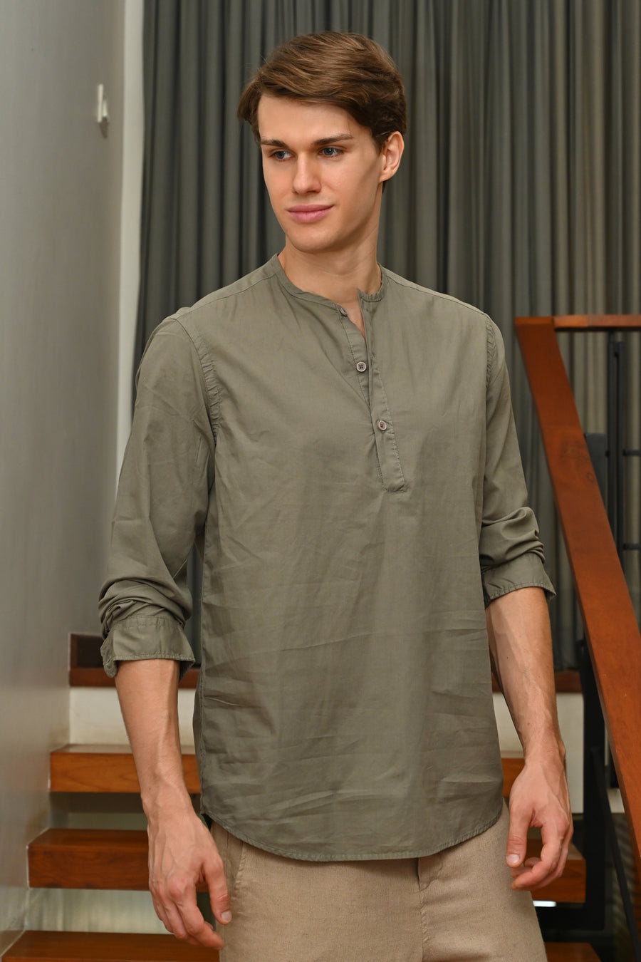 Streak - Cotton Kurta Shirt - Olive