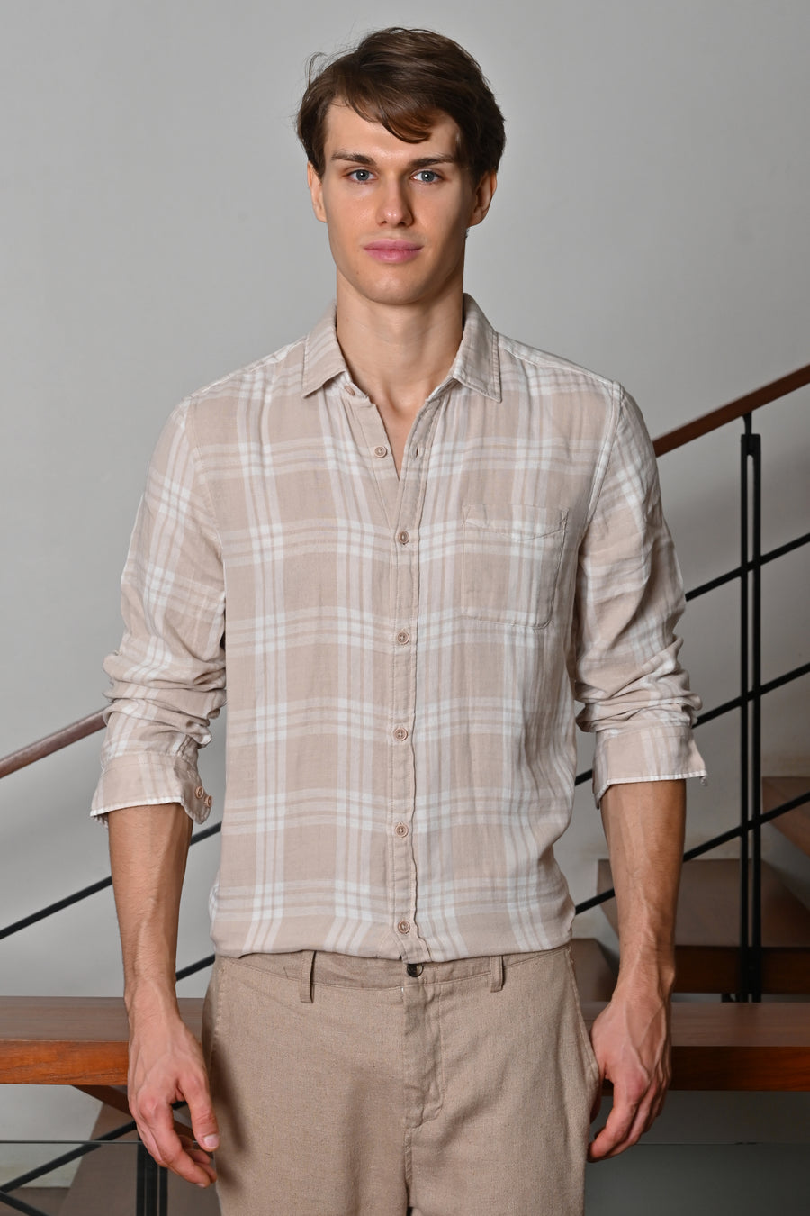 Hazel - Textured Check Shirt - Beige