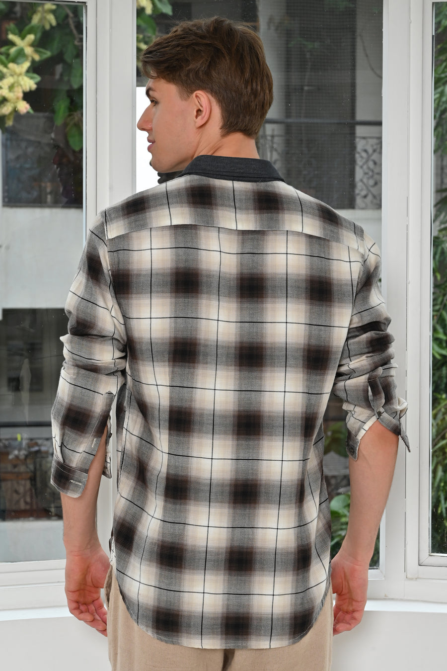 Gracie - Check Shirt With Denim Collar - Brown