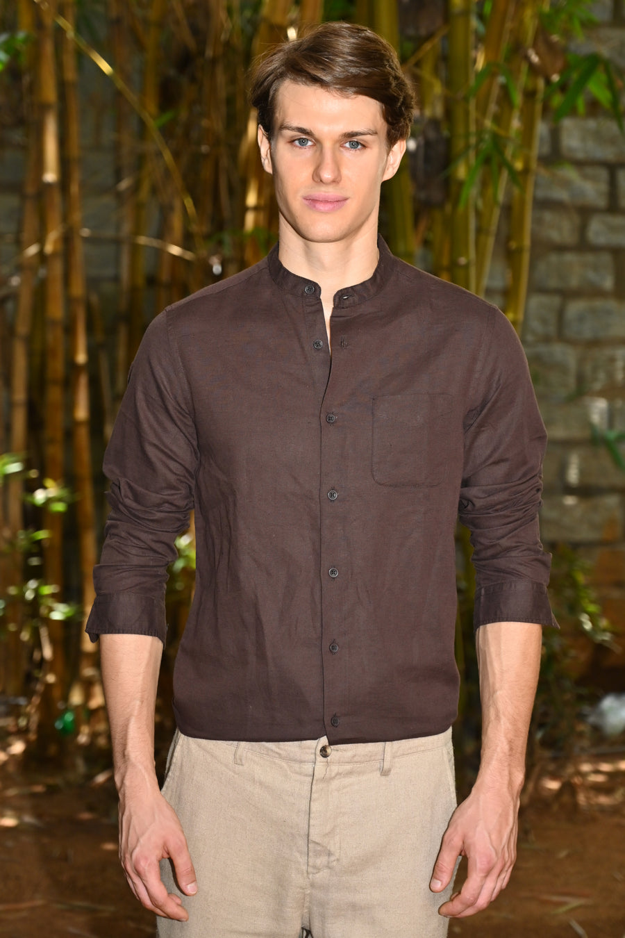 Theme - Cotton Linen Solid Shirt With Mao Collar - Brown