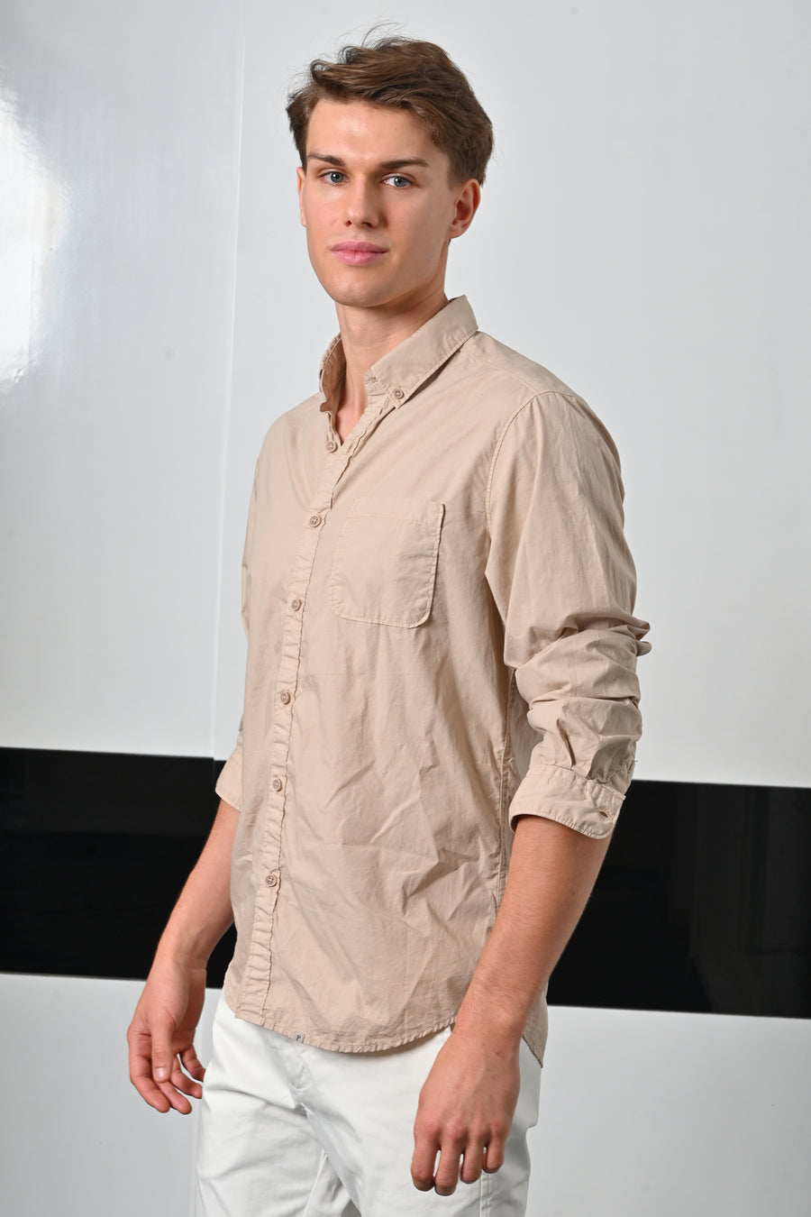 Galen - Fine Cotton Solid Shirt - Beige