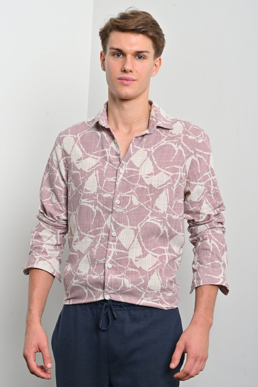 Gary - Cotton Linen Printed Shirt - Dusky Pink