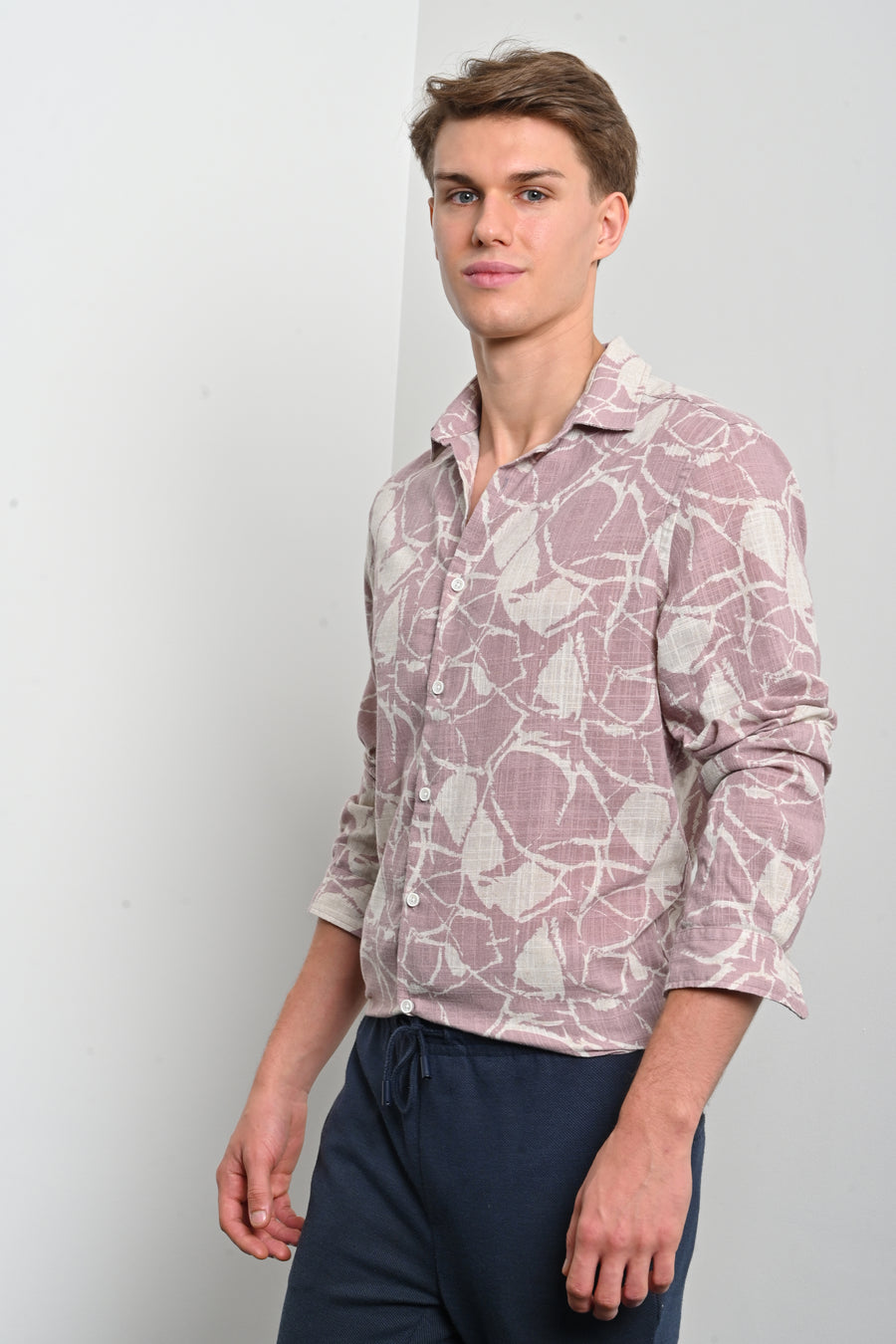 Gary - Cotton Linen Printed Shirt - Dusky Pink