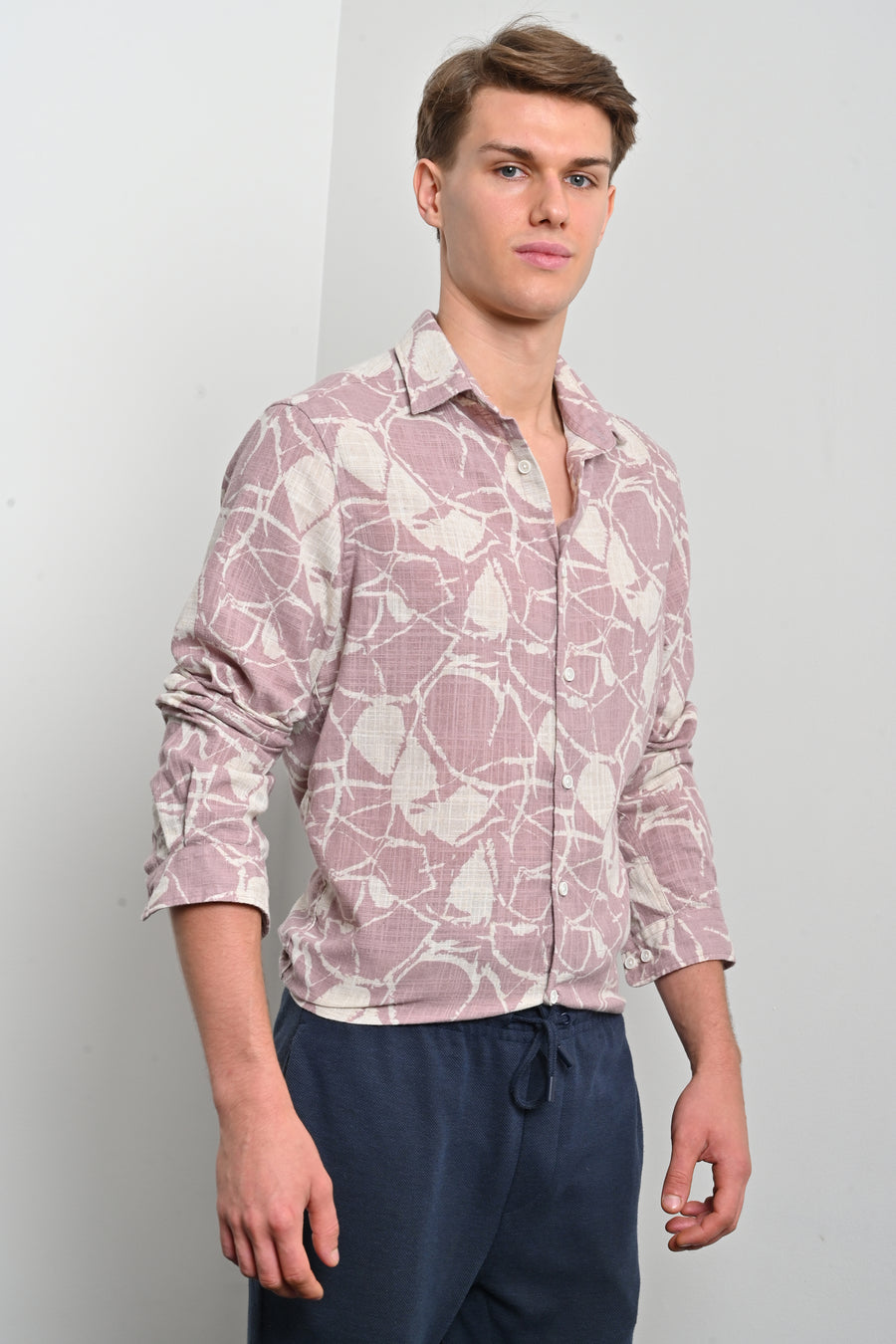 Gary - Cotton Linen Printed Shirt - Dusky Pink