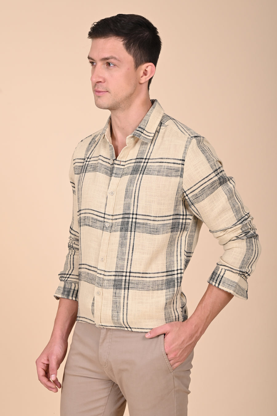 Atticus - Cotton Slub Check Shirt - Beige