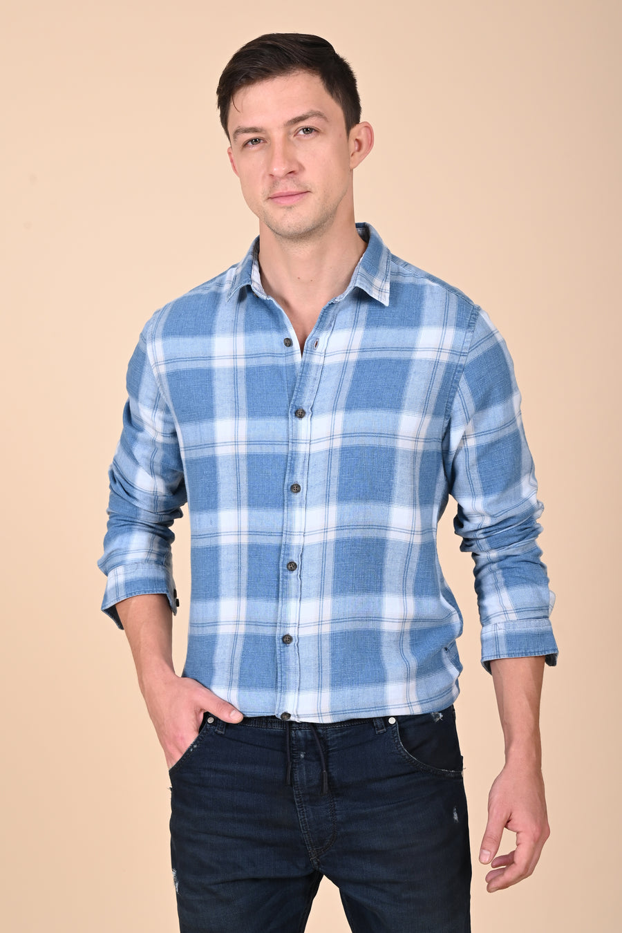 Sara - Indigo Slub Check Shirt - Grey