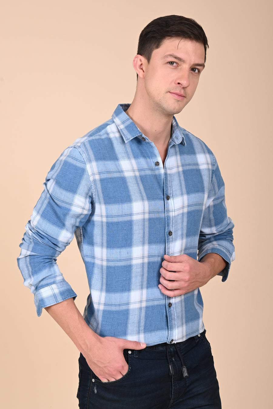 Sara - Indigo Slub Check Shirt - Grey