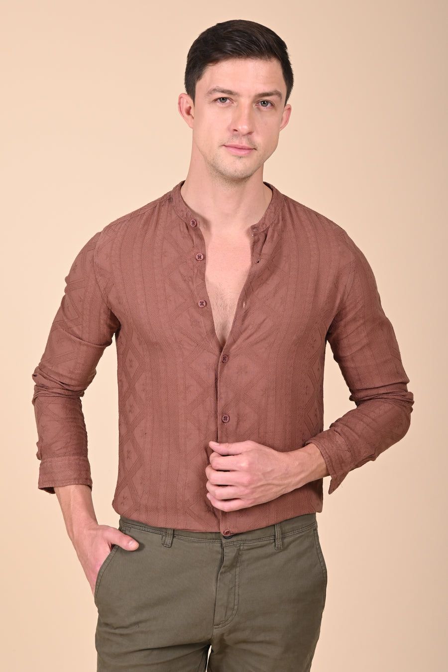 Bobby - Cotton Jacquard Solid Shirt - Chestnut